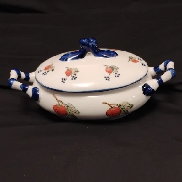 Vintage-Style Strawberry Ceramic Tureen with Lid | Blue Handle Detail | 9" Wide - Picture 3 of 7